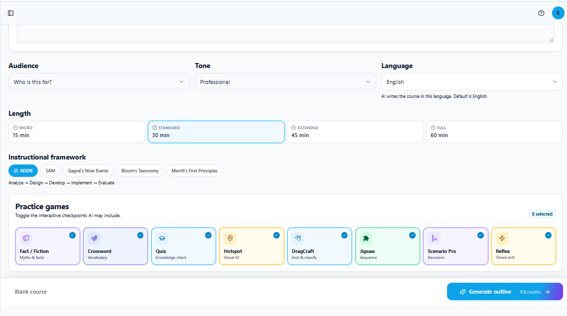Kriya Stack AI course builder with audience, language, instructional framework and practice game options