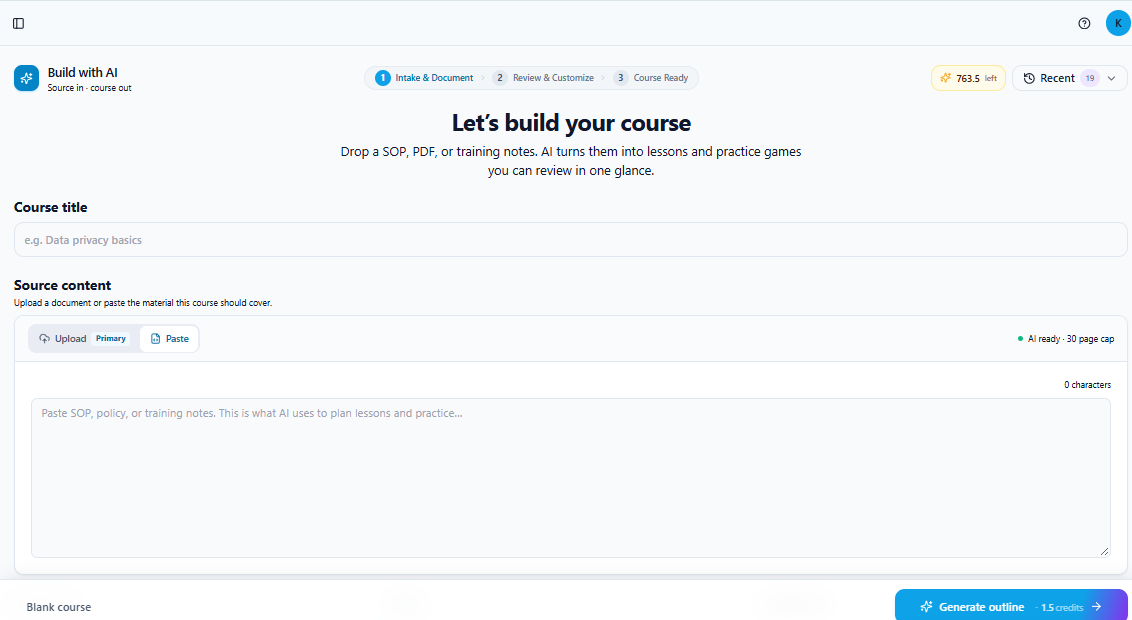 Kriya Stack AI course builder for creating courses from SOPs, PDFs and training content
