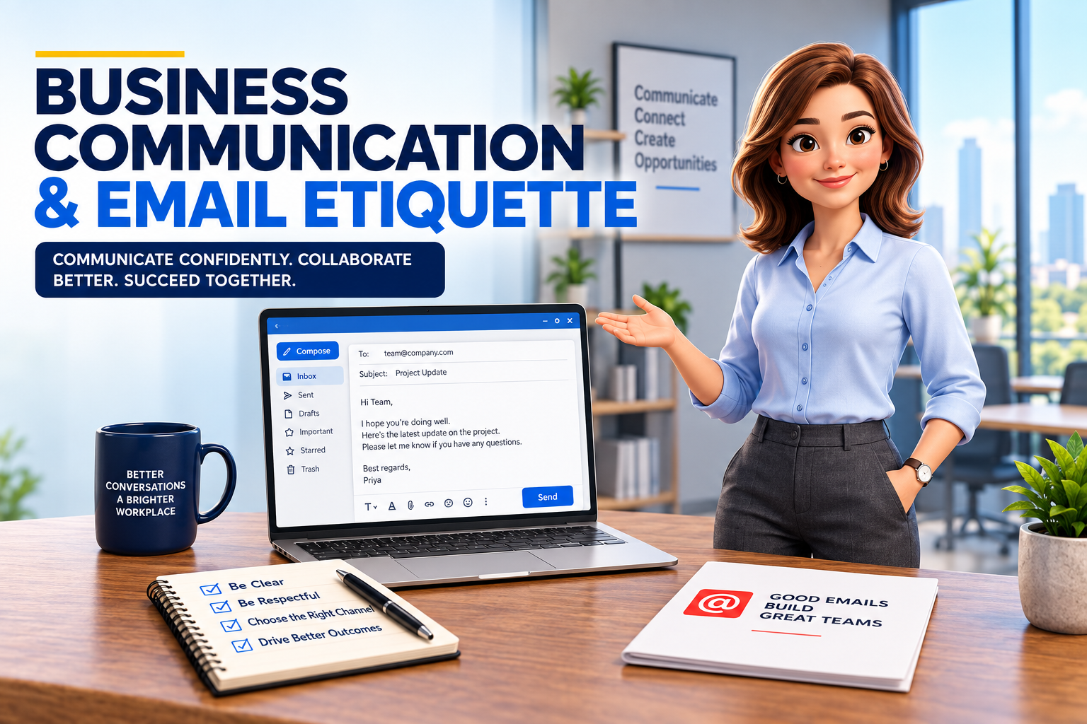 Business communication and email etiquette training illustration showing a professional employee presenting a laptop with a workplace email, emphasizing clear writing, professional communication, and choosing the right communication channel.