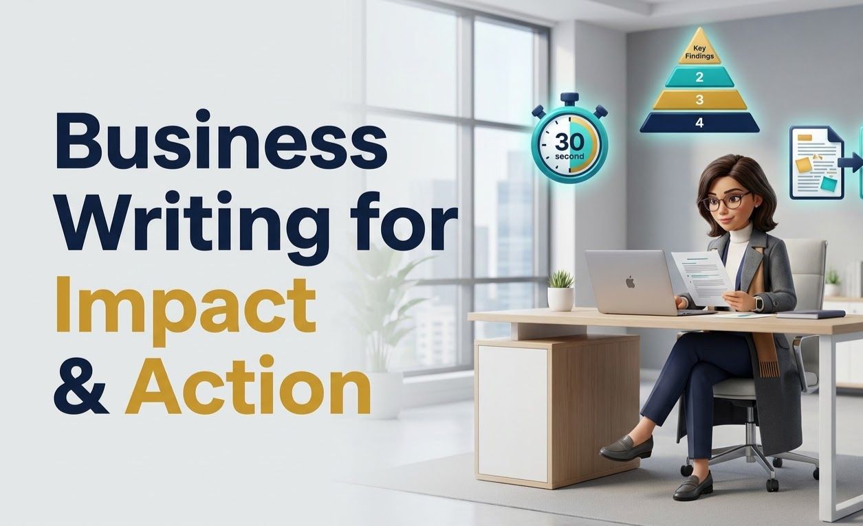 Business Writing for Impact and Action course thumbnail featuring a professional working at a desk, with a 30-second timer and visual learning elements in a modern office setting.