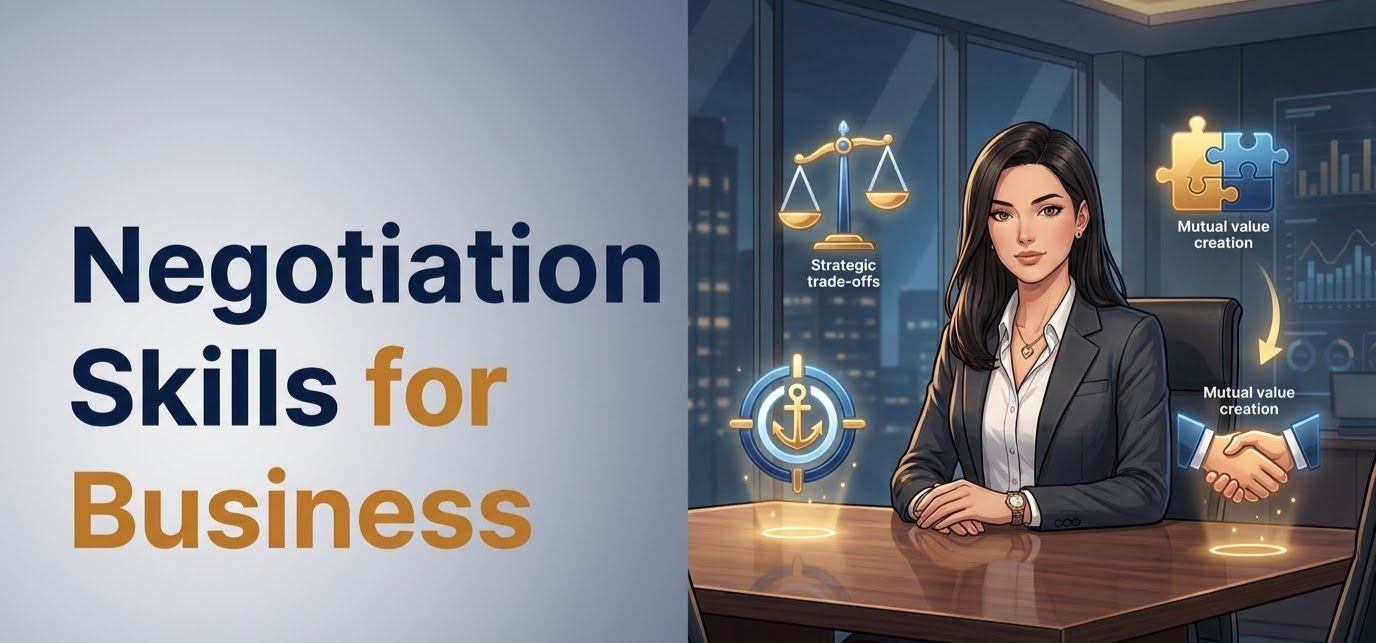 Negotiation Skills for Business training thumbnail featuring a businesswoman and visual symbols representing strategic trade-offs, mutual value creation and business negotiation.