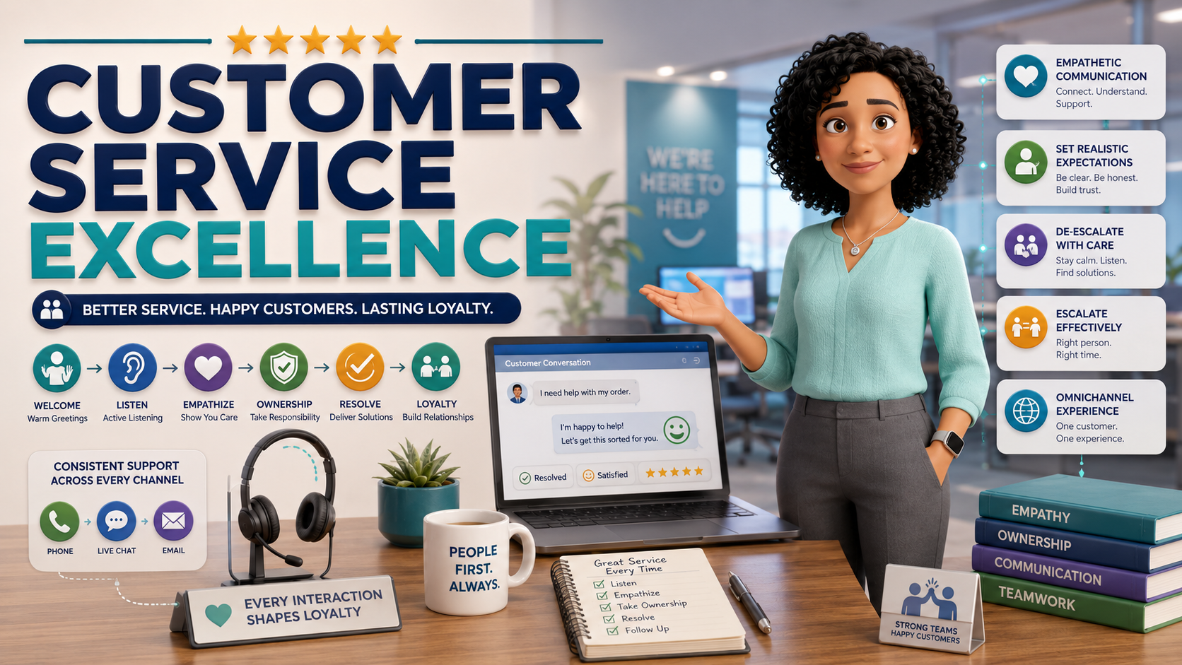 Customer Service Excellence training course cover featuring a professional woman and the course title.