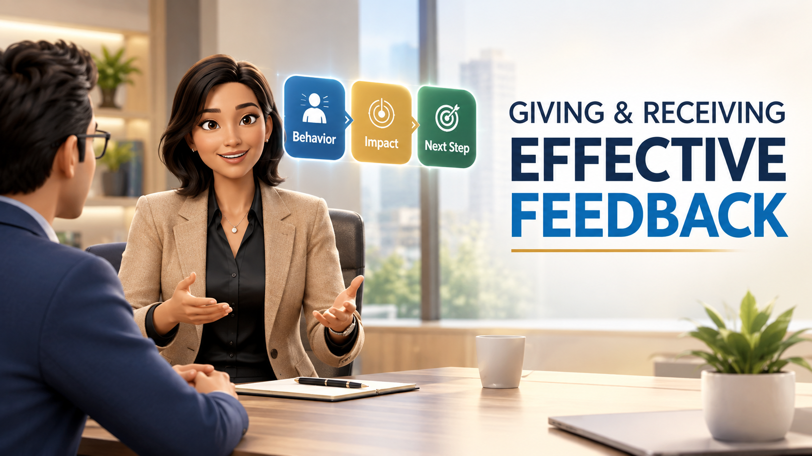 Effective feedback training course showing a manager giving feedback using a Behavior, Impact and Next Step framework
