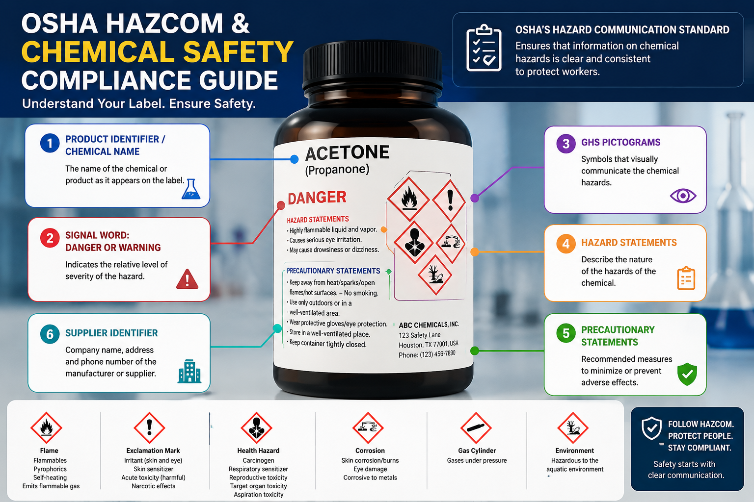 OSHA GHS chemical container label elements infographic showing 6 required parts