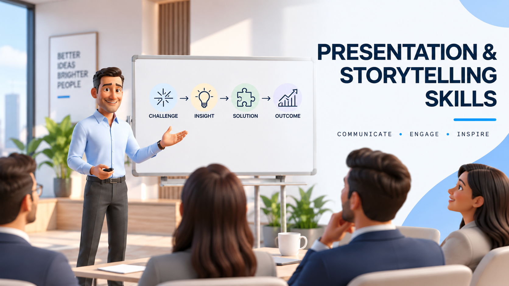Presentation and storytelling skills training showing a business presentation using the Challenge, Insight, Solution and Outcome framework
