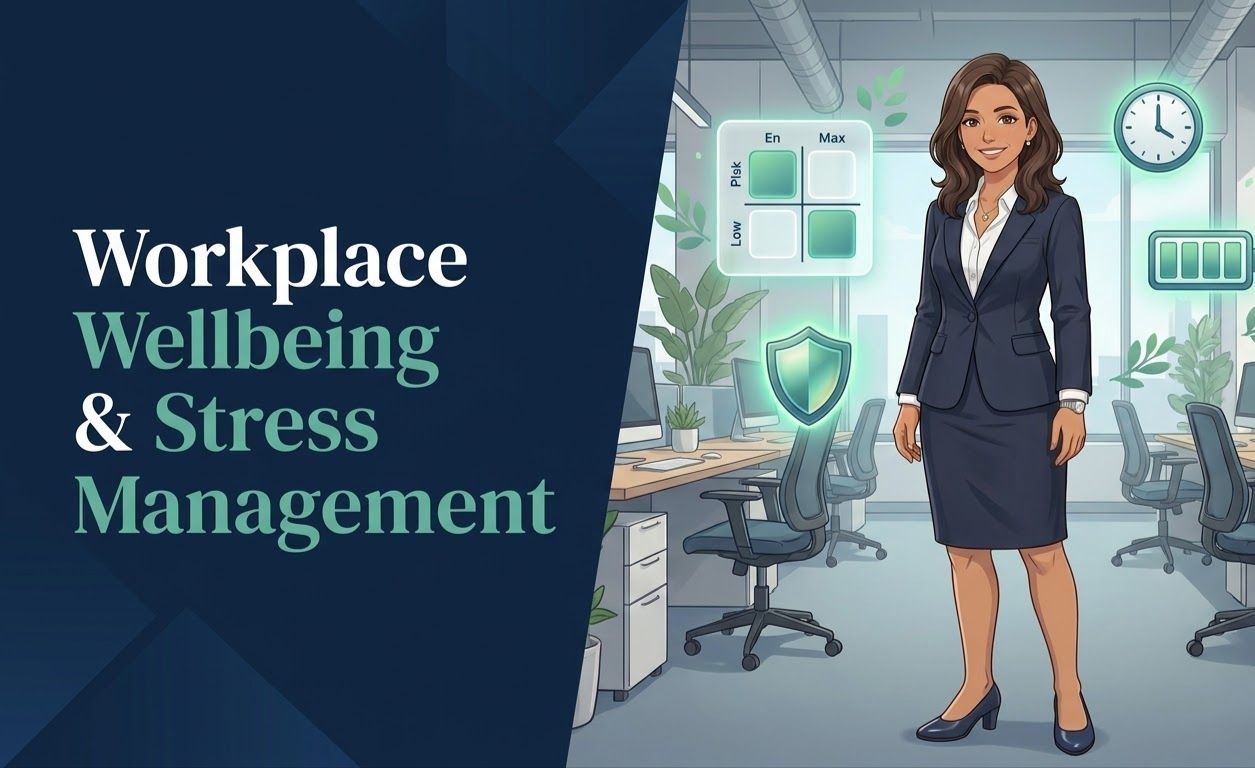 Stress management training for employees featuring a professional woman in a modern office