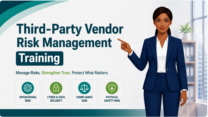 Third-Party Vendor Risk Management Training banner highlighting operational risk, cyber and data security, compliance risk, and physical safety risk.