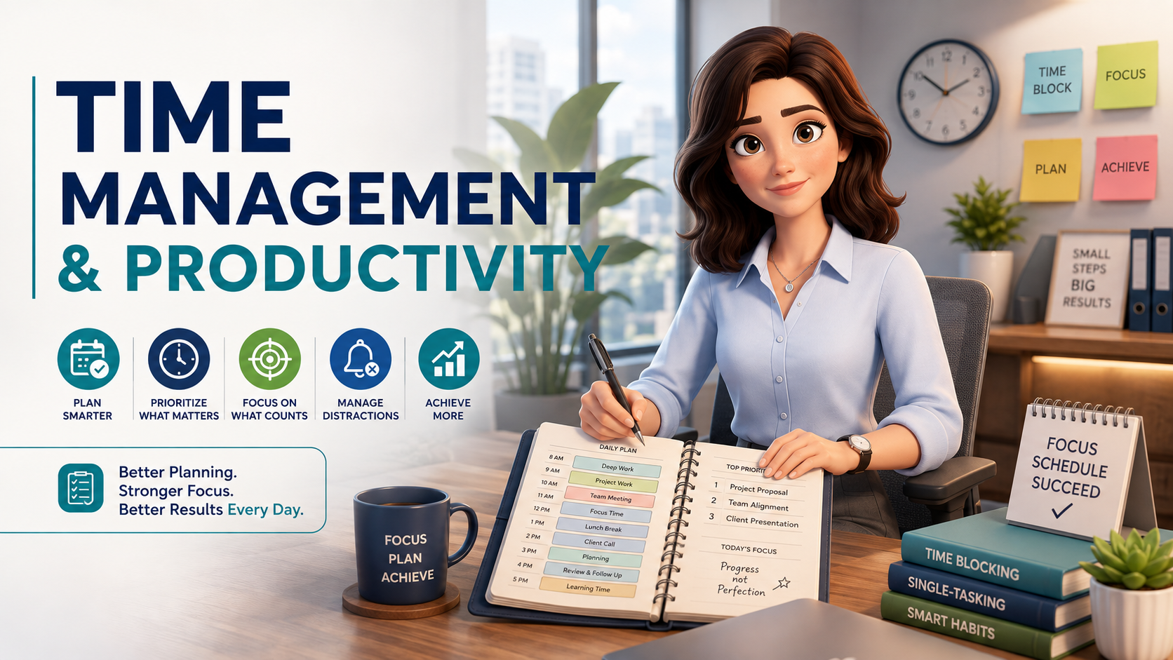 Time Management and Productivity training showing an employee planning tasks and managing focus.