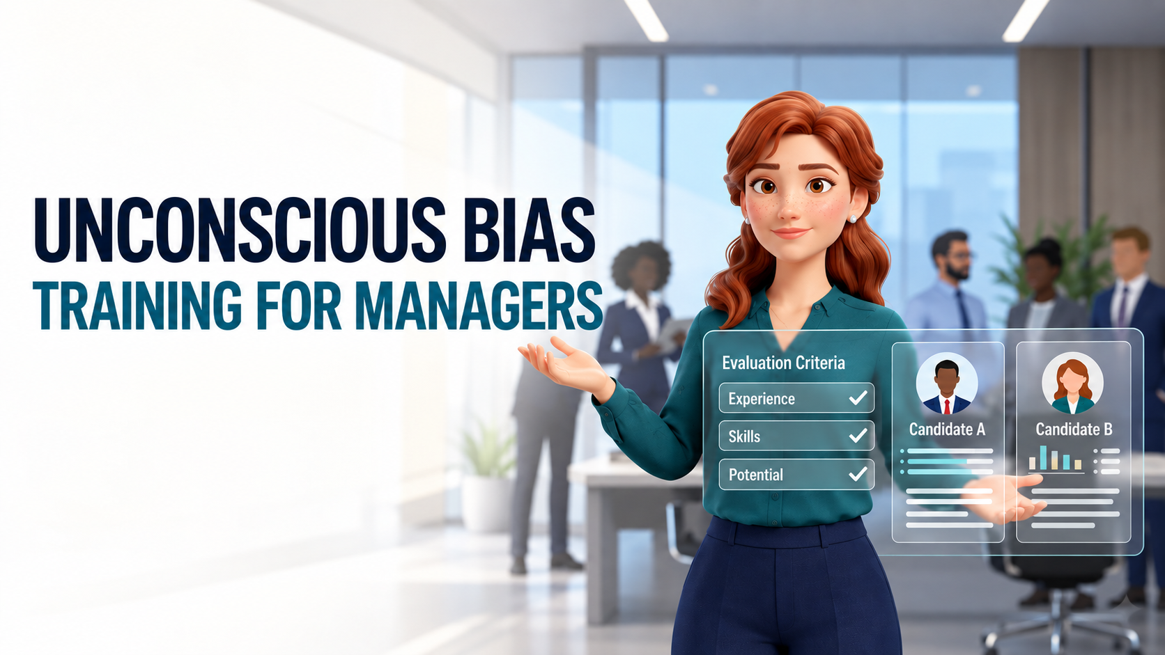 Unconscious Bias Training for Managers at workplace showing a manager evaluating candidates using objective criteria