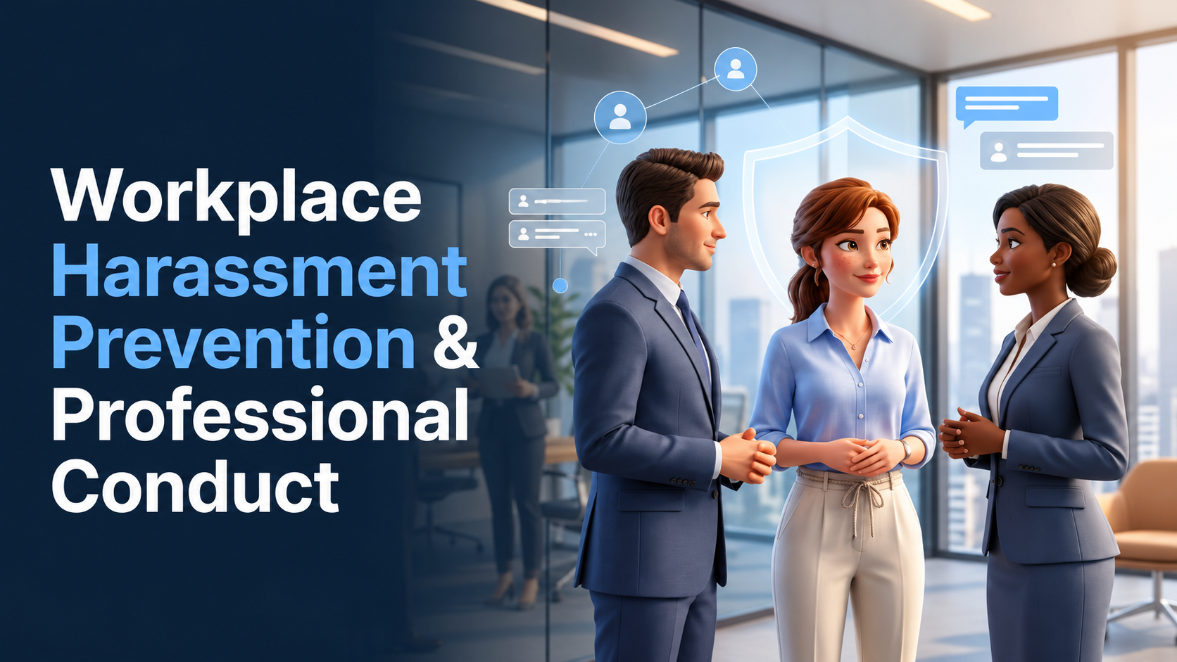 Workplace Harassment Prevention and Professional Conduct training thumbnail showing diverse employees discussing workplace conduct in a modern office