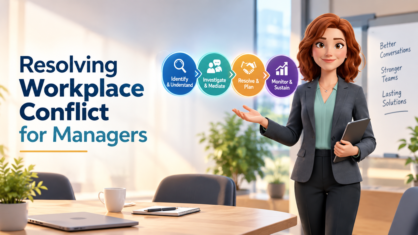 Conflict resolution training for managers covering workplace conflict identification, investigation, resolution and monitoring